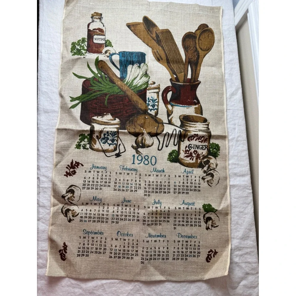 Vintage 1980 Linen Calendar Tea Towel Rustic Kitchen Cottagecore Wall Hanging
